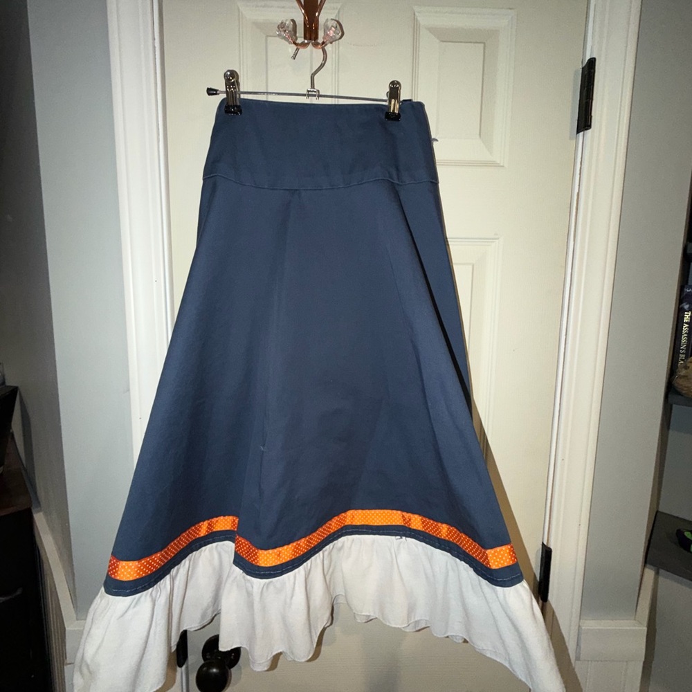 Blue A-Line Midi Skirt with White Ruffle and Orange Trim